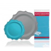 TigerChef Heavy Duty Turquoise and Silver Scalloped Rim Disposable Party Supplies Set - Service for 24