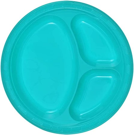 TigerChef Turquoise Plastic 3 Compartment Divided Plate 10", 56/Pack