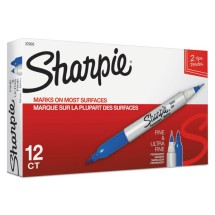 Sharpie Twin-Tip Permanent Marker, Fine/Extra-Fine Bullet Tip, Blue, 12/Pack