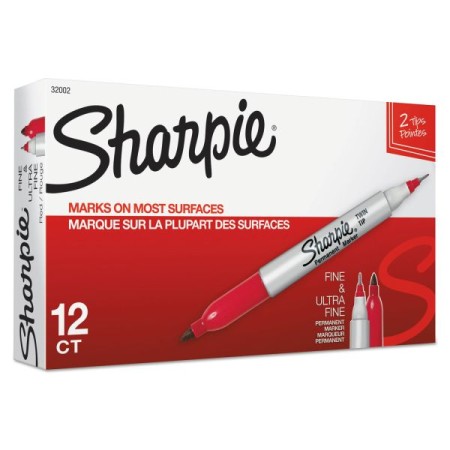 Sharpie Twin-Tip Permanent Marker, Fine/Extra-Fine Bullet Tip, Red, 12/Pack