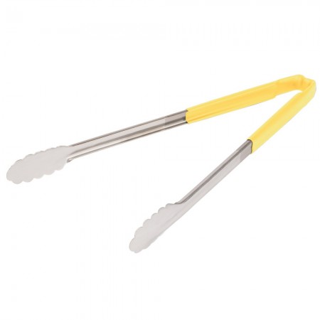 Vollrath 4781650 Jacob's Pride Stainless Steel Scalloped Tongs with Yellow Coated Kool Touch Handle 16"