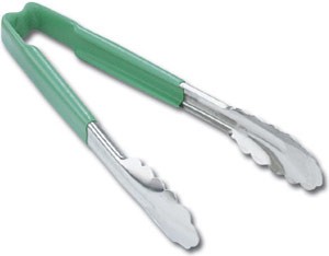 Vollrath 4781670 Jacob's Pride Stainless Steel Scalloped Tongs with Green Coated Kool Touch Handle 16"