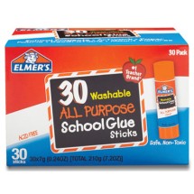 Washable School Glue Sticks, 0.24 oz., Applies and Dries Clear, 30/Box