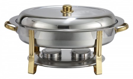 Winco 202 Malibu Oval Stainless Steel Chafer with Gold Accents 6 Qt.