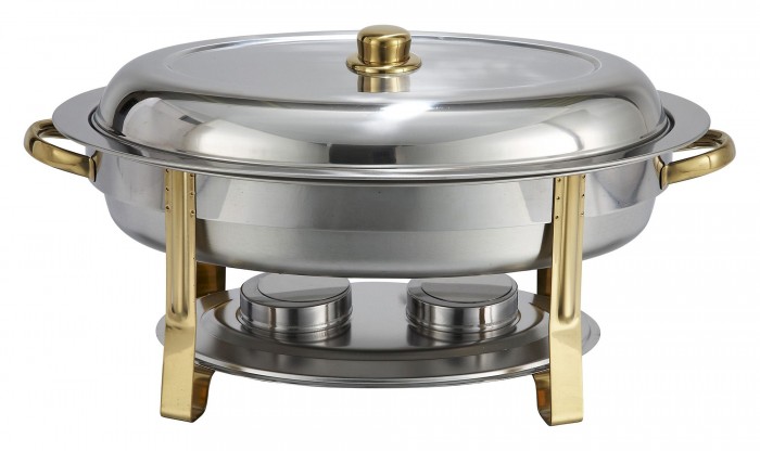 Winco 202 Malibu Oval Stainless Steel Chafer with Gold Accents 6 Qt.