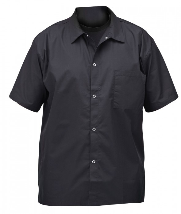 Winco UNF-1KM Medium Black Poly-Cotton Blend Short Sleeved Chef Shirt