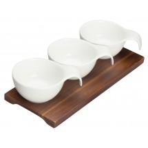 Winco WDP015-102 Ardesia Newry Porcelain Trio Bowl Set with Wooden Plate 9-3/8&quot; x 4&quot;