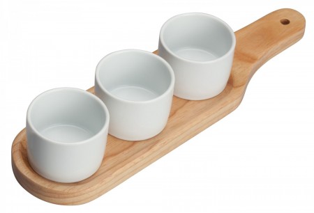 Winco WDP015-103 Ardesia Newry Porcelain Trio Bowl Set with Wooden Plate 11-5/8" x 3-1/8"